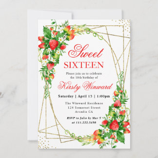 Aquarellfarbene Erdbeeren Gold Frame Sweet 16 Einladung
