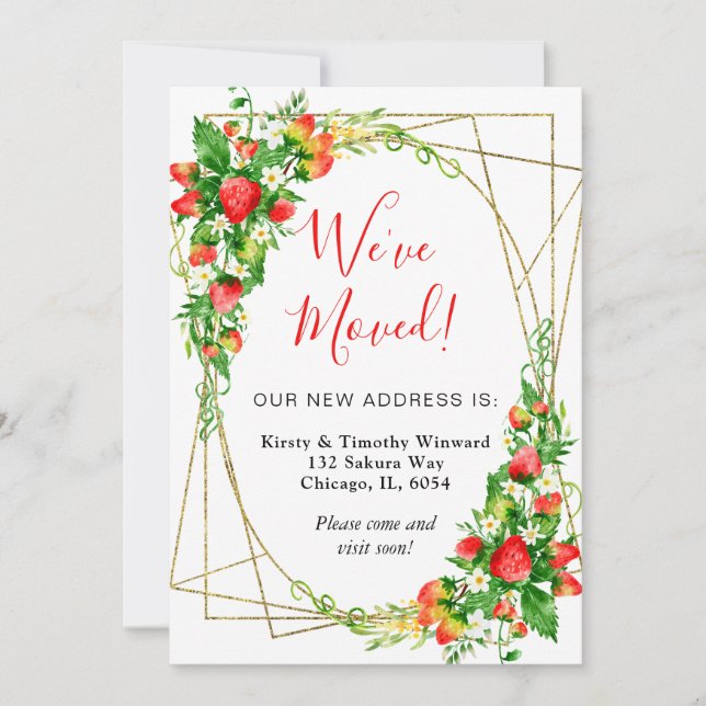 Aquarellfarbene Erdbeeren Rahmen, den wir verschob Ankündigung (Vorderseite)