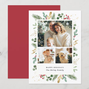 Aquarellfarbene Evergreens, Grün und Gold, Drei Fo Feiertagskarte