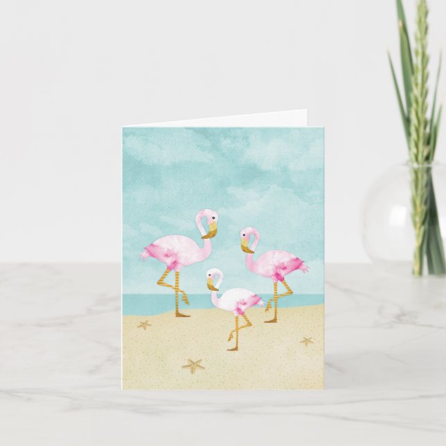 Aquarellfarbene Flamingos am Strand Dankeskarte (Vorderseite)