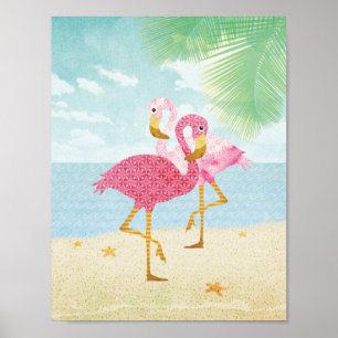 Aquarellfarbene Flamingos am Strand Poster