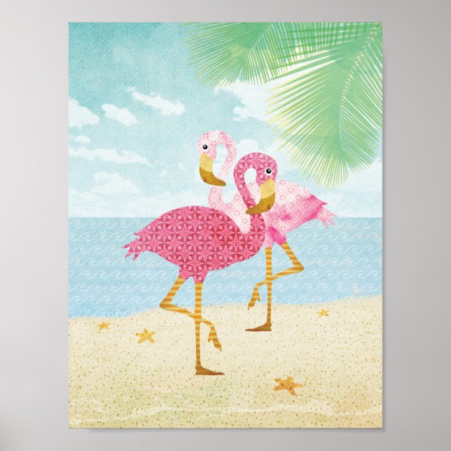 Aquarellfarbene Flamingos am Strand Poster (Vorne)