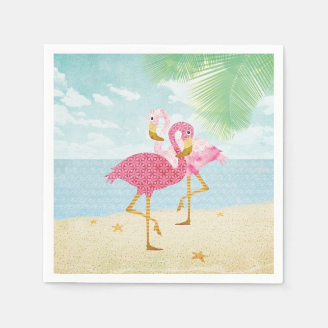 Aquarellfarbene Flamingos am Strand Serviette (Vorderseite)