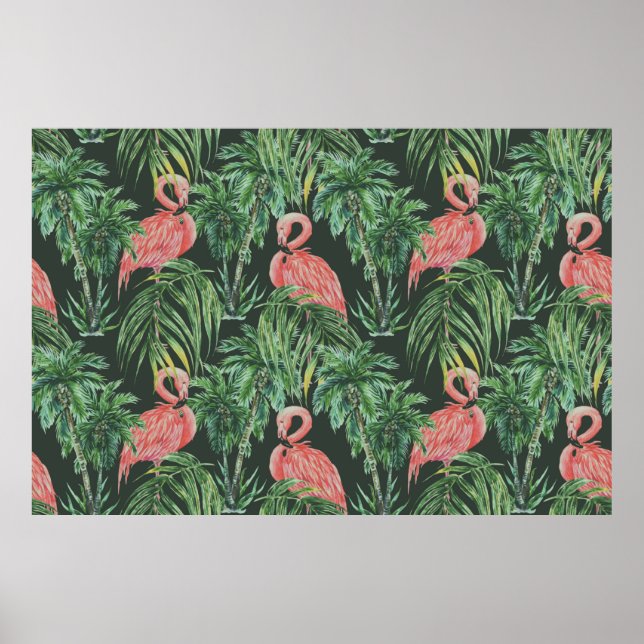 Aquarellfarbene Flamingos, exotische Vögel, tropis Poster (Vorne)
