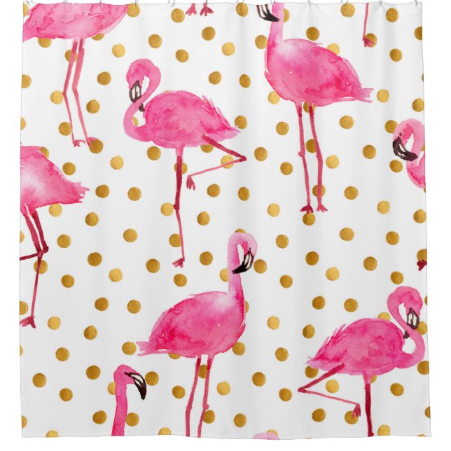 Aquarellfarbene Flamingos mit goldenen Punkten nah Duschvorhang (Vorderseite)