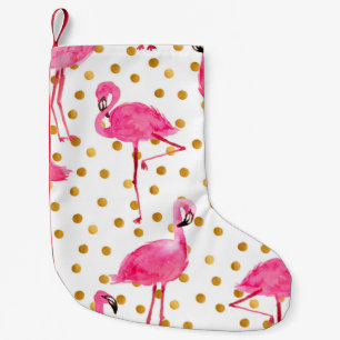 Aquarellfarbene Flamingos mit goldenen Punkten nah Kleiner Weihnachtsstrumpf