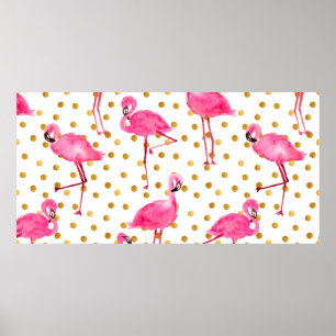 Aquarellfarbene Flamingos mit goldenen Punkten nah Poster