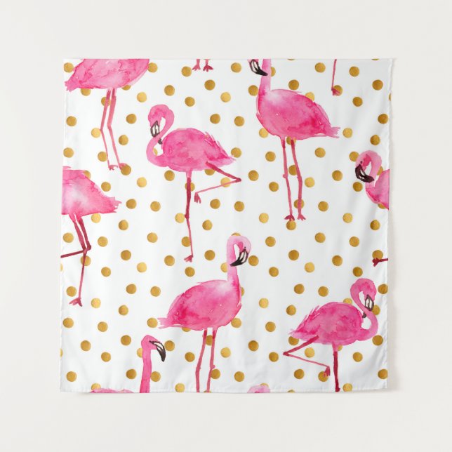Aquarellfarbene Flamingos mit goldenen Punkten nah Wandteppich (Vorderseite)