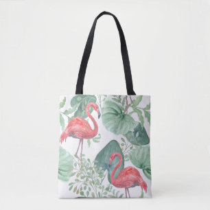 Aquarellfarbene Flamingos und Blätter.