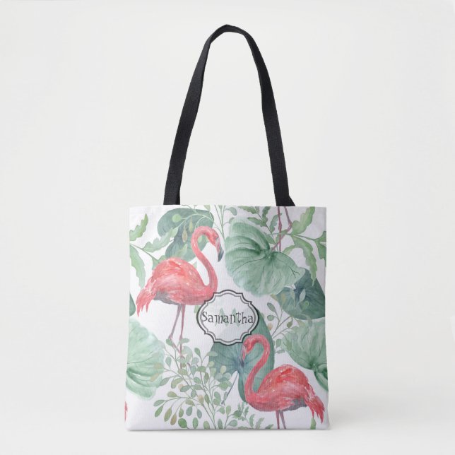 Aquarellfarbene Flamingos und Blätter. (Vorderseite)