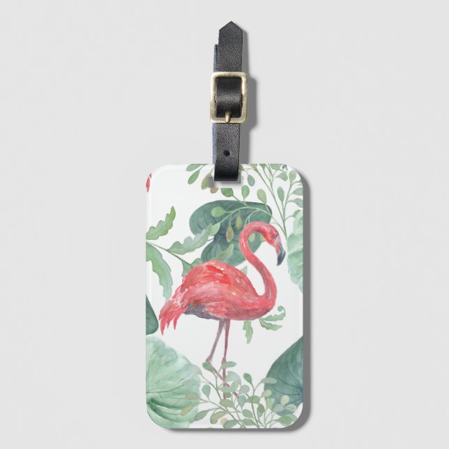 Aquarellfarbene Flamingos und Blätter. Gepäckanhänger (Vorderseite Vertikal)