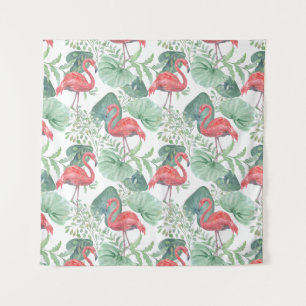 Aquarellfarbene Flamingos und Blätter. Wandteppich