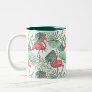 Aquarellfarbene Flamingos und Blätter. Zweifarbige Tasse