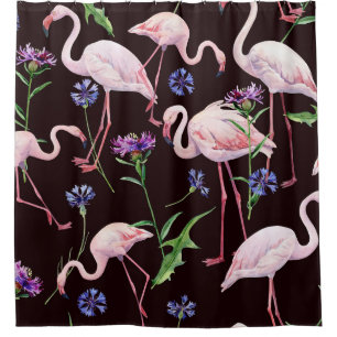 Aquarellfarbene Flamingos und wilde Blume Muster. Duschvorhang