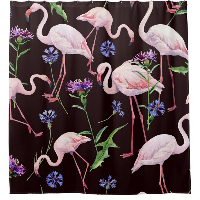 Aquarellfarbene Flamingos und wilde Blume Muster. Duschvorhang (Vorderseite)