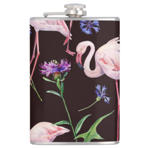 Aquarellfarbene Flamingos und wilde Blume Muster. Flachmann