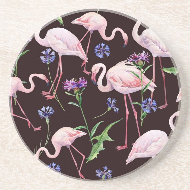 Aquarellfarbene Flamingos und wilde Blume Muster. Getränkeuntersetzer (Vorne)