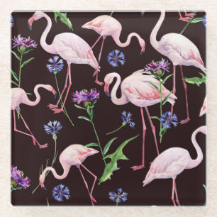 Aquarellfarbene Flamingos und wilde Blume Muster. Glasuntersetzer