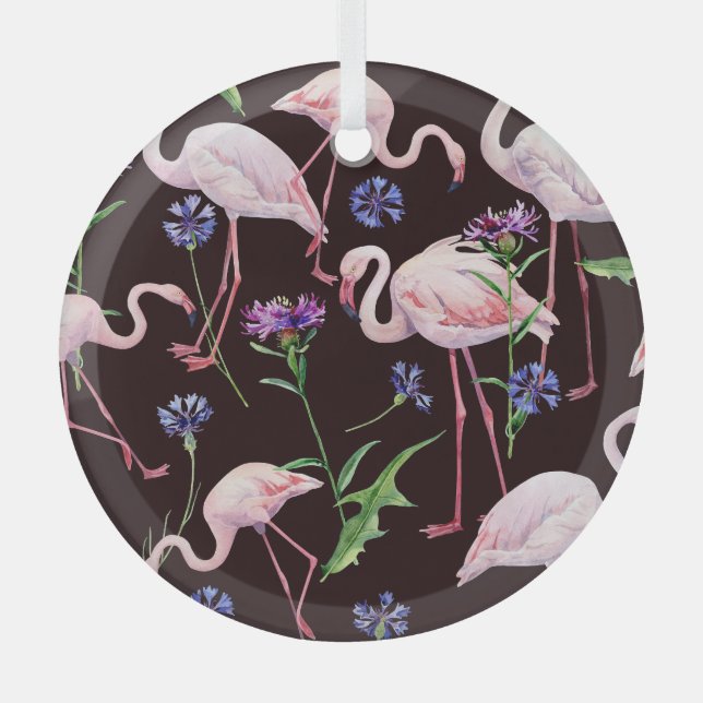 Aquarellfarbene Flamingos und wilde Blume Muster. Ornament Aus Glas (Vorderseite)