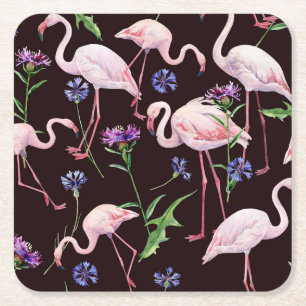 Aquarellfarbene Flamingos und wilde Blume Muster. Rechteckiger Pappuntersetzer