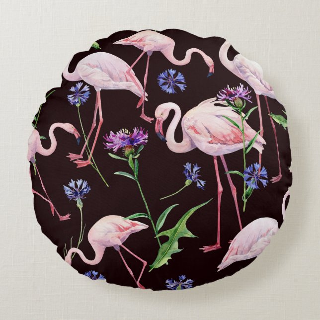 Aquarellfarbene Flamingos und wilde Blume Muster. Rundes Kissen (Vorderseite)