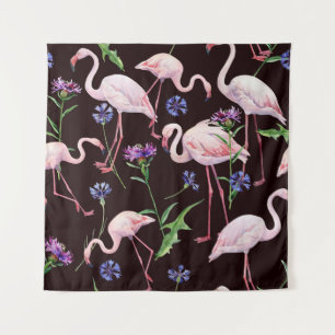 Aquarellfarbene Flamingos und wilde Blume Muster. Wandteppich