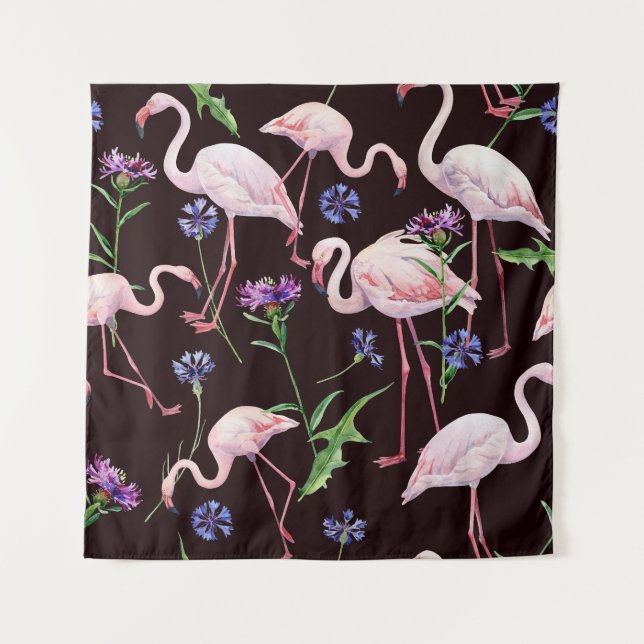 Aquarellfarbene Flamingos und wilde Blume Muster. Wandteppich (Vorderseite)