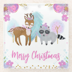 Aquarellfarbene Flora und Fauna Landtiere Freunde Glasuntersetzer