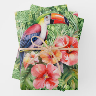 Aquarellfarbene, florale Toucans auf tropischen Fo Geschenkpapier Set