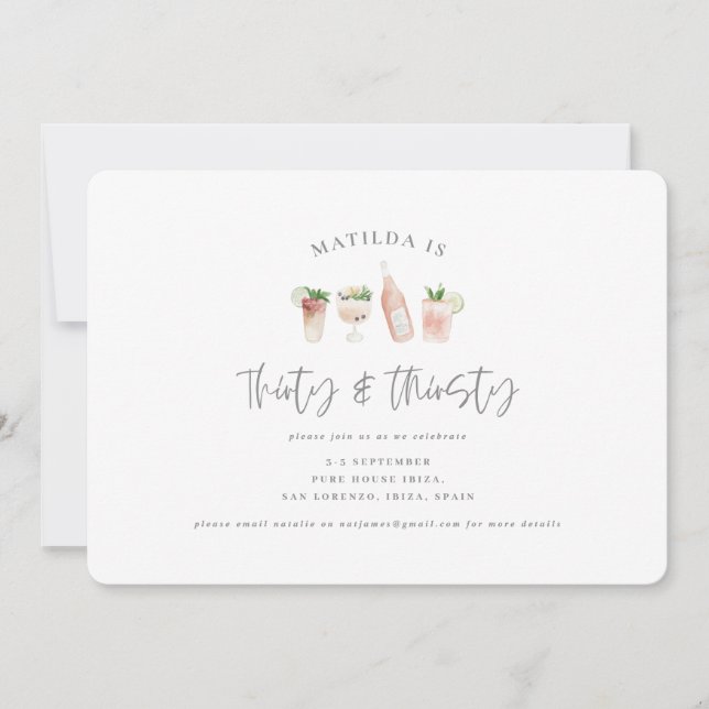 Aquarellfarbene Getränke dreißig & durstig Ankündigung (Vorderseite)