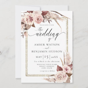 Aquarellfarbene Goldfolie Pampas Boho Hochzeit Einladung