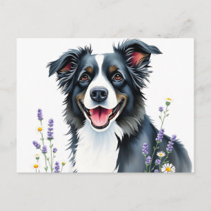 Aquarellfarbene Grenzkollie mit Lavendel und Daisi Postkarte