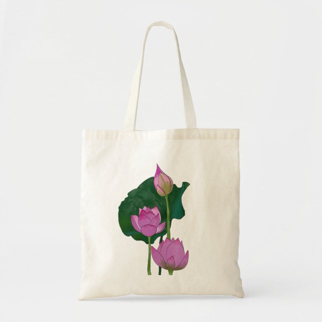 Aquarellfarbene handbemalte Rosa Lotus-Blume Tragetasche (Vorne)