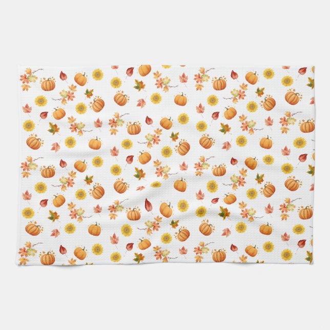 Aquarellfarbene Herbstlaube und Pumpkins Geschirrtuch (Horizontal)