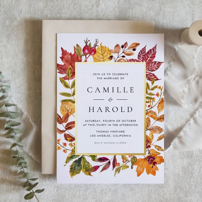 Aquarellfarbene Herbstübergänge lassen Rahmen-Hoch Folieneinladung (Customizable Autumn Wedding Gold Foil Invitation with Watercolor Fall Foliage Frame)