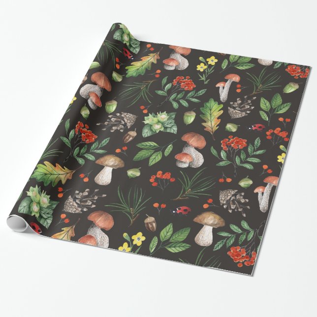Aquarellfarbene Herbstwälder Blätter Pilze | Geschenkpapier (Ungerollt)