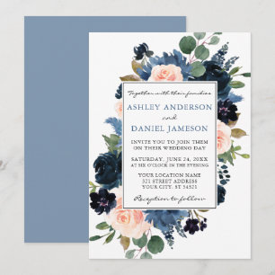 Aquarellfarbene Hochzeit in Blau und Rosa Einladung