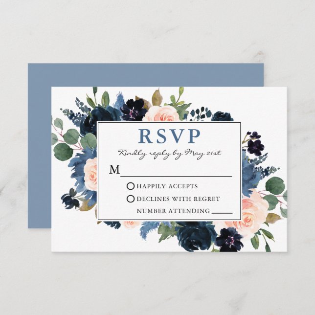 Aquarellfarbene Hochzeit in Blau und Rosa RSVP Karte (Vorne/Hinten)