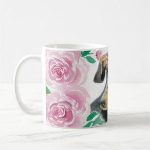 Aquarellfarbene Liebe einer Dackel mit rosa Rosen Kaffeetasse
