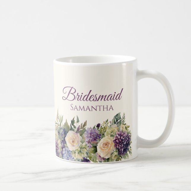 Aquarellfarbene Lila Blume Bouquet-Bridesmaid-Gesc Kaffeetasse (Rechts)