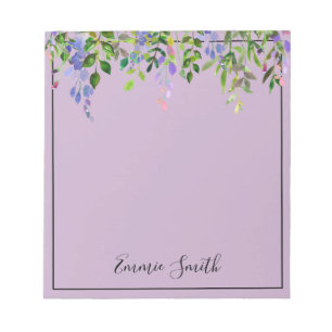 Aquarellfarbene Lila Blumengrün-Blätter Personalis Notizblock