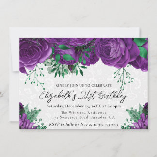 Aquarellfarbene Lila Rose 21. Geburtstag Einladung