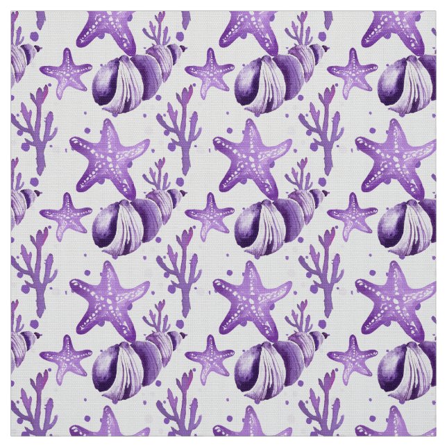 Aquarellfarbene Lila Seesterne & Seashells Stoff (Muster)