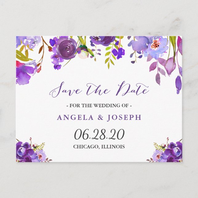 Aquarellfarbene Lila Violette Save the Date Ankündigungspostkarte (Vorderseite)