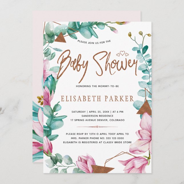 Aquarellfarbene Magnolien Kupfer Babydusche Einladung (Vorne/Hinten)