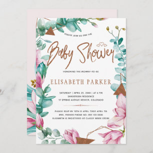 Aquarellfarbene Magnolien Kupfer Babydusche Einladung