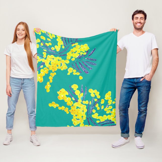Aquarellfarbene Mimosa Kunstwerk Gelbe Blume Fleecedecke (Beispiel)