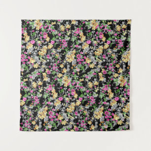 Aquarellfarbene nahtlose Blumenmuster schwarzer Hi Wandteppich