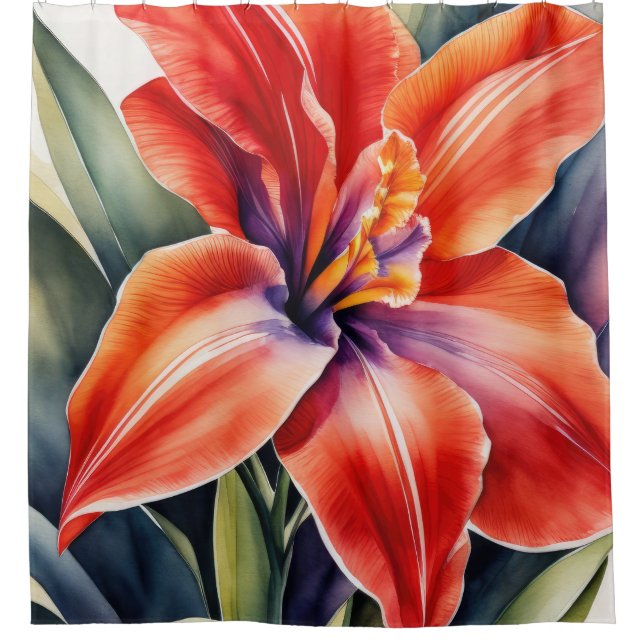 Aquarellfarbene Orange Lily Blume Duschvorhang (Vorderseite)