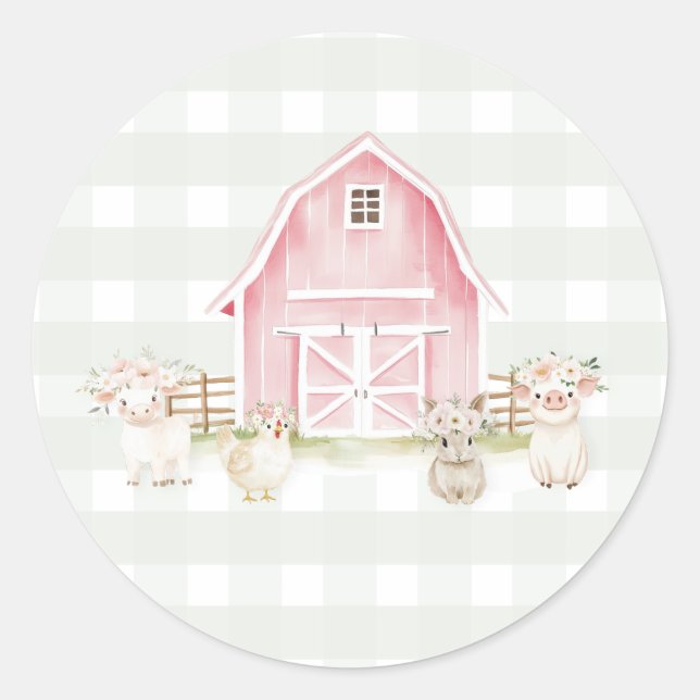 Aquarellfarbene Pink Farm Animals Baby Shower Stic Runder Aufkleber (Vorderseite)